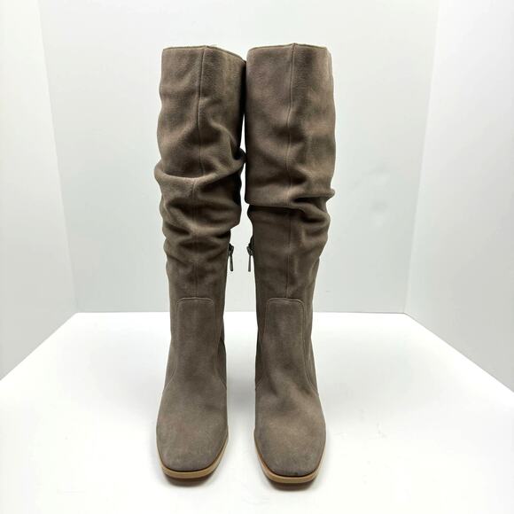 Splendid | Gloria Taupe Suede Leather Block Heel Square Toe Scrunch Riding Boots - Picture 2 of 13